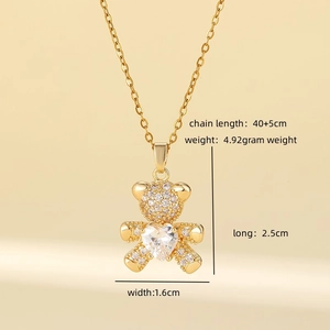 Titanium steel gold bear necklace with micro-pave zircon heart pendant for women