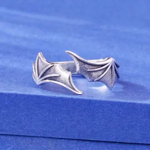 Retro 999 sterling silver devil wing open ring with detailed gothic bat wing design