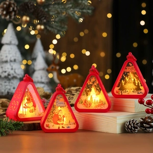 Retro Christmas lantern set with LED lights and holiday character prints for table decor