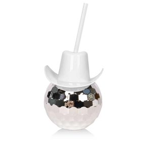 Creative 600ml disco ball tumbler with white cowboy hat lid and matching straw