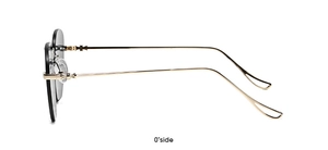 Detail view of rimless sunglasses featuring golden temples with cross patterns and dark lenses