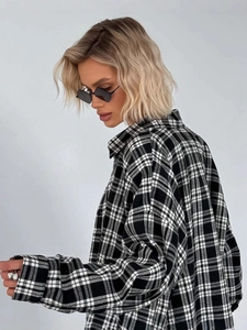 Oversized black and white plaid long sleeve shirt with a loose retro fit for women