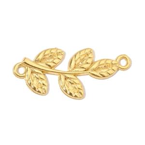 Detailed view of gold leaf branch charm connector with five textured leaves for DIY jewelry