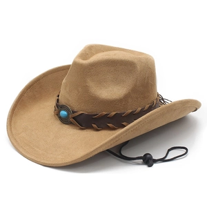 Classic camel faux suede western cowboy hat with turquoise buckle and adjustable cord