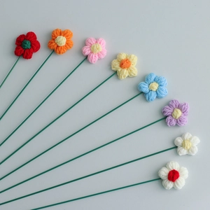 Handmade Crochet Flowers Yarn Artificial Puffy Floral Stems Simple Knitted Flowers For Home Decoration Wedding Gifts Multicolor