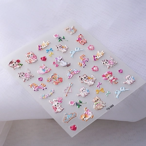 Detail of 3D embossed cat and rabbit nail stickers with floral patterns TS-068