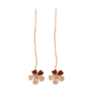 Elegant gold plated S925 silver long flower tassel earrings with red zircon and enamel