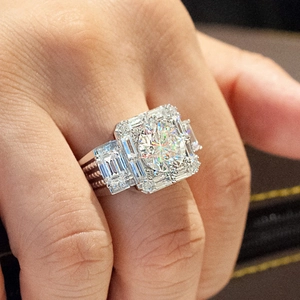 Luxury silver ring for men featuring a large round zircon with a square halo and pavé band