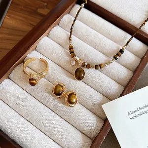 Tigers Eye Necklace Ring Earrings Jewelry Zircon Gold Plated Copper With Silver Earring Post Retro For Women