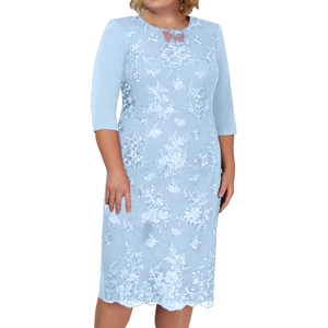 Detailed view of floral lace embroidery and three-quarter sleeves on light blue dress