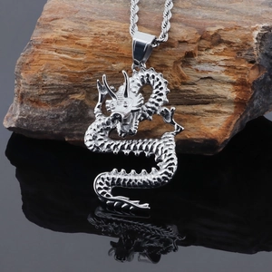 Silver zodiac dragon pendant necklace in polished titanium steel with twisted chain