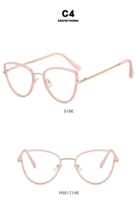 Detailed views of pink cat eye glasses frames with slim gold metal temples in model C4