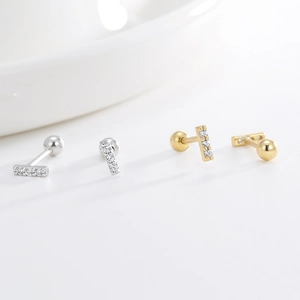 Elegant 14K gold plated S925 silver stud earrings with row set sparkling zircons