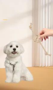 Detail of durable white cotton rope ball toy held for a dog in a cozy home setting