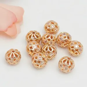 Hollow spherical gold beads with micro-pave zirconia for DIY jewelry making