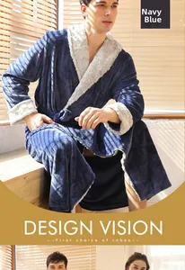 Detailed close-up of navy blue flannel bathrobe with grey plush lining and tie waist