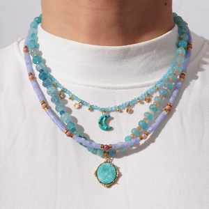 Bohemian Beaded Pendant Necklace For Women Titanium Steel Natural Stone Moon Oval Charm Multi Layer Fashion Jewelry Accessories