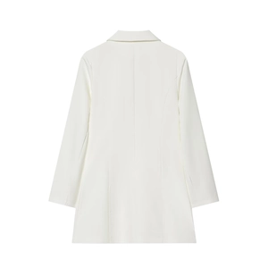 Back view of elegant white long-sleeved blazer with a smooth finish and minimalist cut