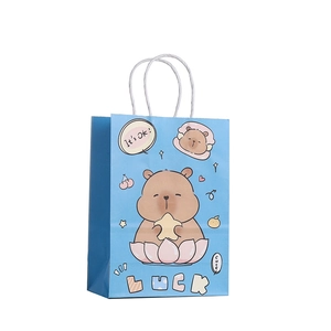 Cute Capybara cartoon printed kraft paper gift bag in sky blue with durable handles