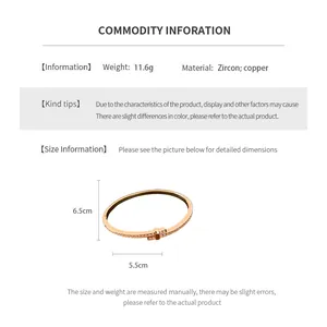 Detailed size chart for 18K gold-plated crossover bangle with zircon and copper dimensions