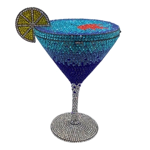 Martini cocktail glass shaped evening bag with blue gradient rhinestones and lemon detail