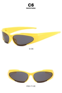 Front and side view of bright yellow cyberpunk Y2K sports sunglasses with dark lenses