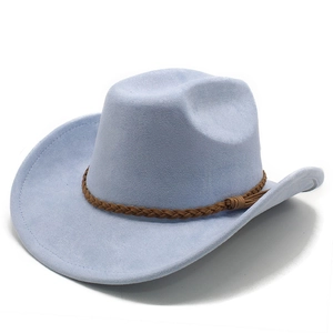Detail of light blue suede jazz hat with brown woven leather band and tassel fringe