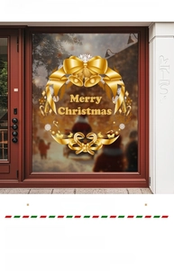 Golden Christmas wreath window sticker with reindeer and bells for festive decoration