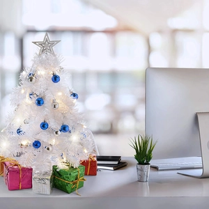Mini 60cm white tabletop Christmas tree with blue ornaments and warm LED lights
