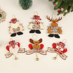 Christmas Hanging Ornaments Fabric Santa Snowman Reindeer Plaid With Metal Bell Feliz Navidad Holiday Tree Decorations