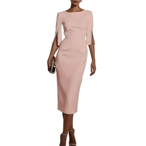 Pink slim fit dress with elegant three-quarter split sleeves and pearl bead embellishments