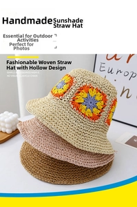 Detailed view of hand-woven straw hats with colorful floral knit patterns and texture