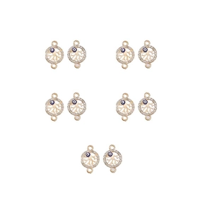 Detailed view of ten gold tree of life jewelry connectors with evil eye charms and rhinestones