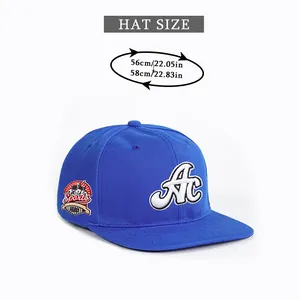 Size chart for blue embroidered baseball cap showing measurements 56-58cm for adjustable fit