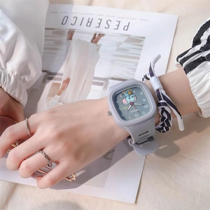 Close-up of gray square silicone watch with cute elephant dial and matte finish