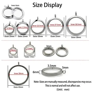 Size chart for stainless steel round photo locket pendants showing various inner diameters