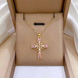 Elegant Cross Pendant Necklace Stainless Steel Chain Copper Pink Rhinestone Imitation Artificial Pearl Luxury Jewelry For Women
