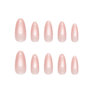 Press-on nails in light peach pink cat eye almond shape with shimmering pearlescent finish