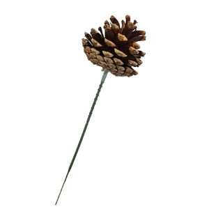 Natural brown pine cone on green wire stem for Christmas floral arrangements and DIY home decor