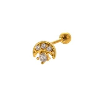 Detailed view of a gold-plated crescent moon stud earring with zircons and screw ball back