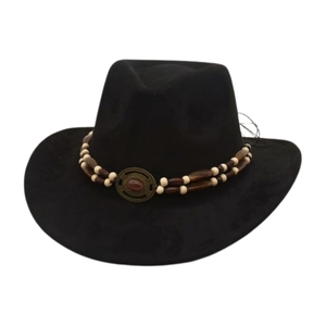 Chapeau de cowboy classique en daim noir avec bandeau perlé et pierre de style bohème