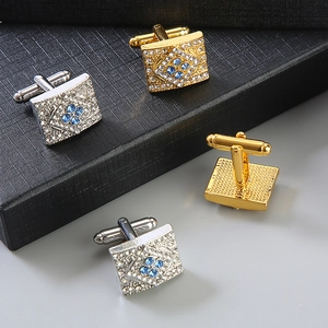 Elegant rectangle crystal cufflinks for men featuring blue and clear rhinestones