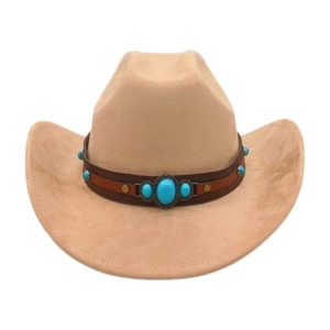 Detailed view of camel western hat featuring a leather band with turquoise stones