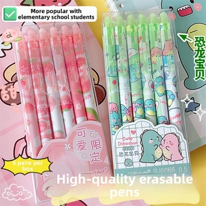 Close-up of 0.5mm erasable gel pen sets in peach and dinosaur cartoon themes