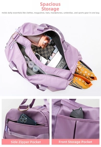 Purple travel bag detail showing large capacity with separate shoe compartment