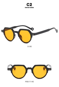 Seiten- und Frontansicht einer kleinen runden Retro-Sonnenbrille mit gelben Gläsern