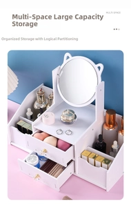 Detail view of large white makeup organizer with drawers and cat ear vanity mirror