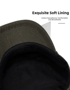 Detail view of cotton sweatband and interior stitching on flat top military hat
