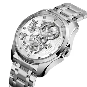 Silver stainless steel business watch for men with 3D dragon totem and crystal markers
