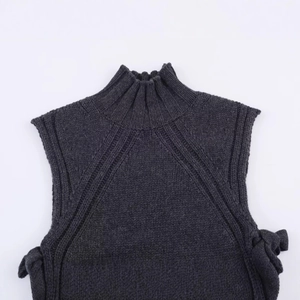 Dark grey mock neck sleeveless knit top made of high quality wool blend fabric